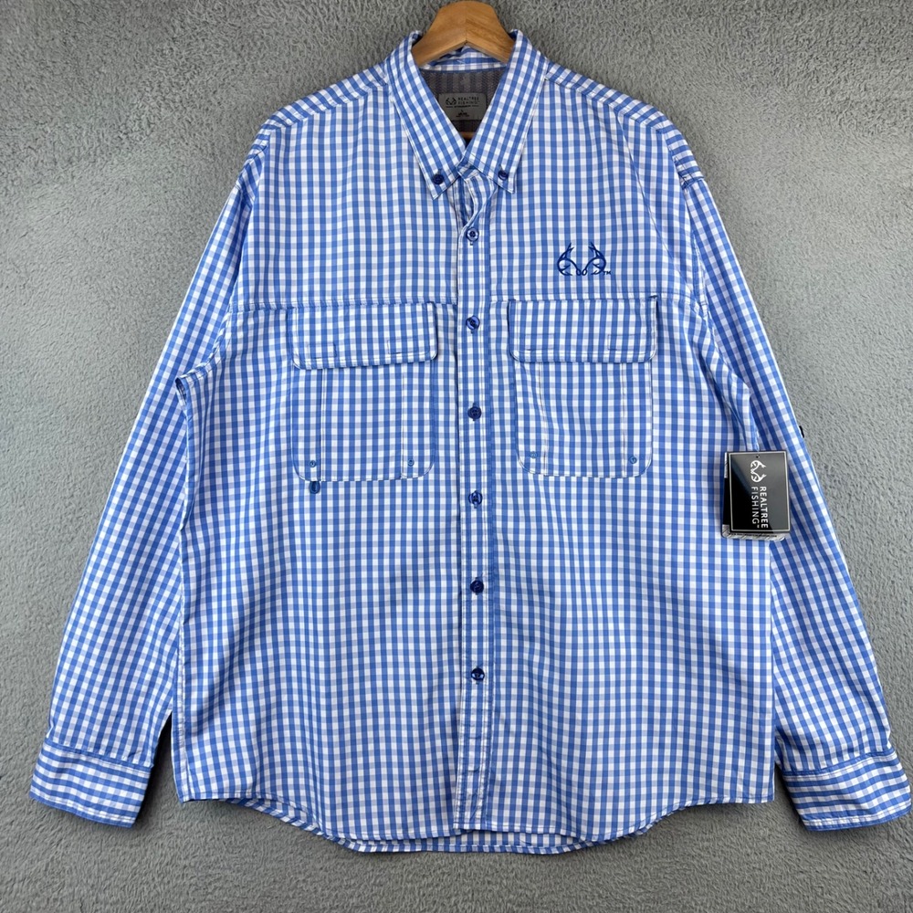 New Realtree Fishing Long Sleeve Gingham Button Up Shirt‎ Men Size L Blue